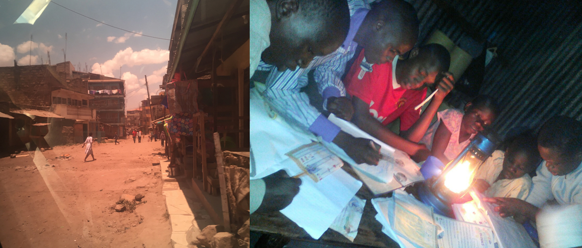 On the left,informal settlement of Kayole, On the right smile children reading using kerosene lamps at night in the first centre which was made of iron sheets without electricity